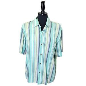 G.H. Bass & Co Silk Short Sleeve Button Down Top Striped Blue Green M